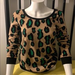 Leopard and teal long boat neck sweater